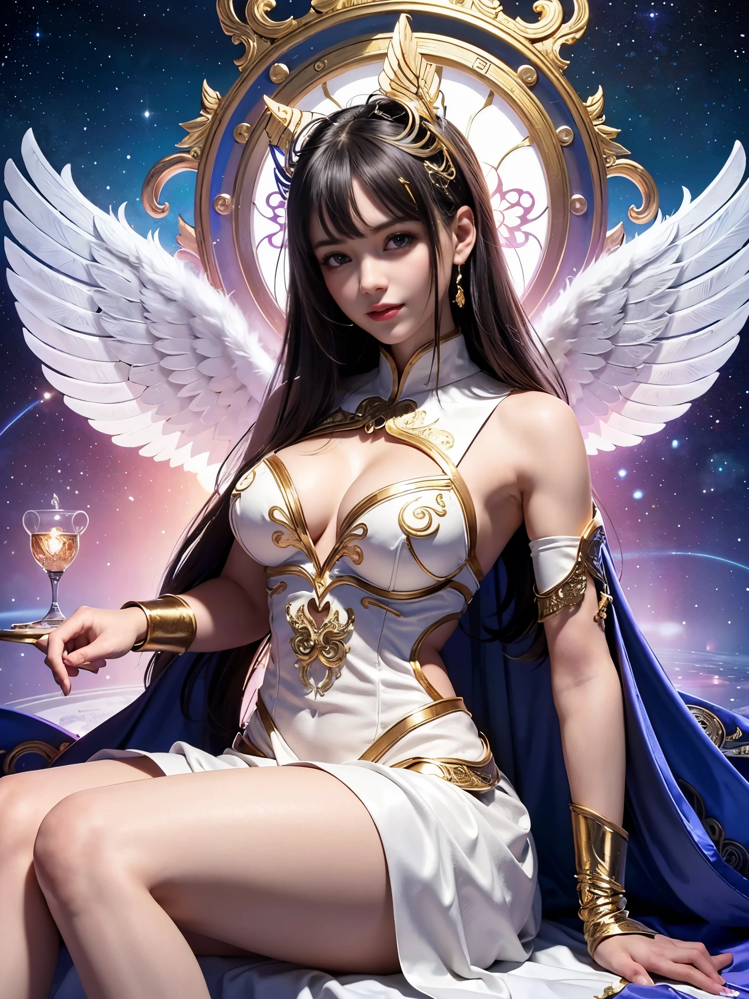 Cyborg, Girl, Beautiful girl, Cute, Sexy, Strong, Slender, Delicate, Smile, (Lolita costume), High legs, Metallic, ultra color, paisley, mandalas, Near future, Heaven, angel, feater, wing, Helix lamp, (The wings are symmetrically paired;1.5),
