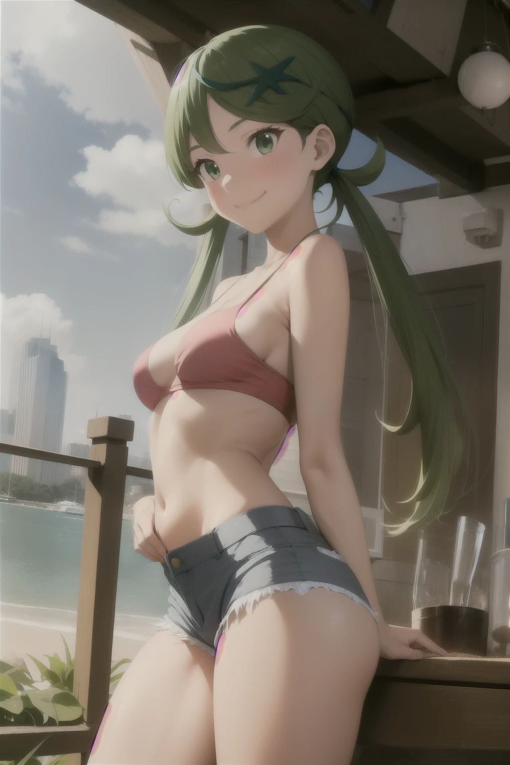 Anime style, 1 girl ,mallow , young girl , body ,solo , green hair , twintails , flat chest , skinny girl, smug face smile , blush, sexy micro shorts jeans , nádegas . Back , bumbum , de costas , shorts jeans