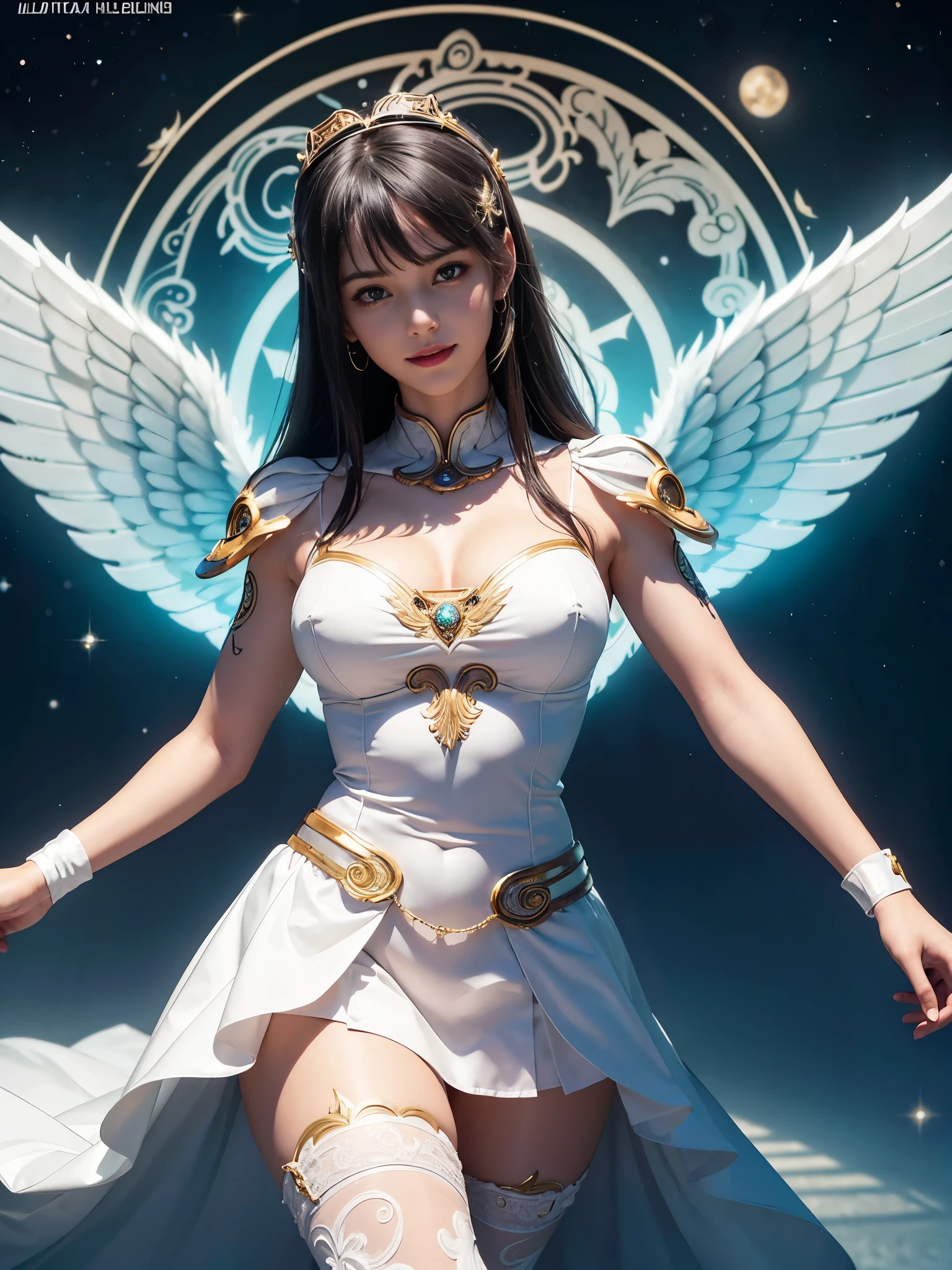 Cyborg, Girl, Beautiful girl, Cute, Sexy, Strong, Slender, Delicate, Smile, (****ta costume), High legs, Metallic, ultra color, paisley, mandalas, Near future, Heaven, angel, feater, wing, Helix lamp, (The wings are symmetrically paired;1.5),
