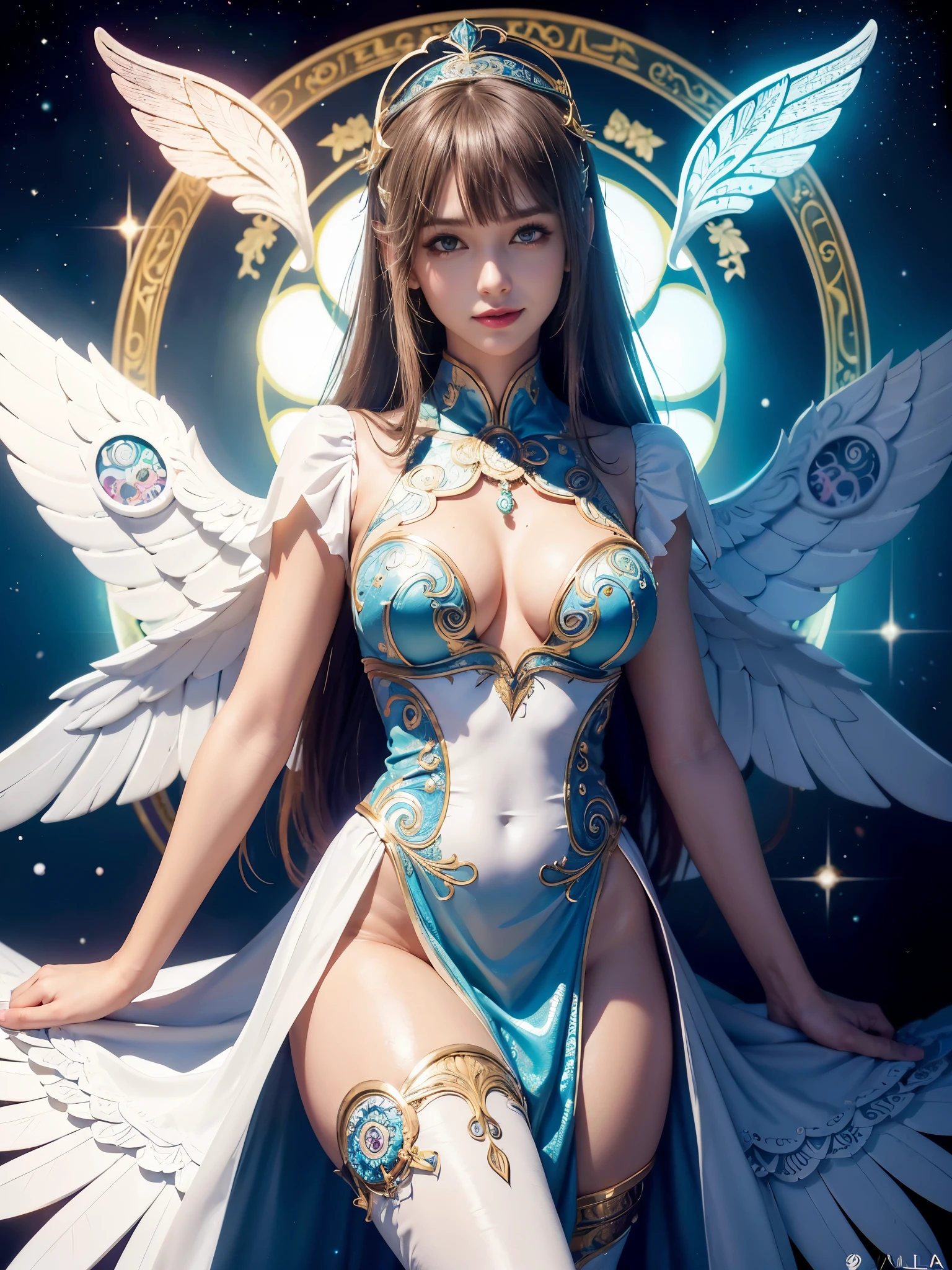 Cyborg, Girl, Beautiful girl, Cute, Sexy, Strong, Slender, Delicate, Smile, (Lolita costume), High legs, Metallic, ultra color, paisley, mandalas, Near future, Heaven, angel, feater, wing, Helix lamp, (The wings are symmetrically paired;1.5),
