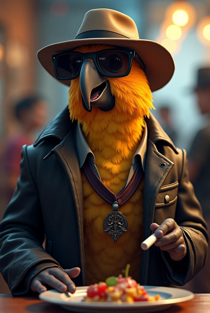 a parrot, super stylish, wearing a fedora hat and dark glasses , he is relaxed with his hand on a plate . He is wearing street style clothes and holding a cigarette. His expression is one of surprise , with his mouth open and the phrase