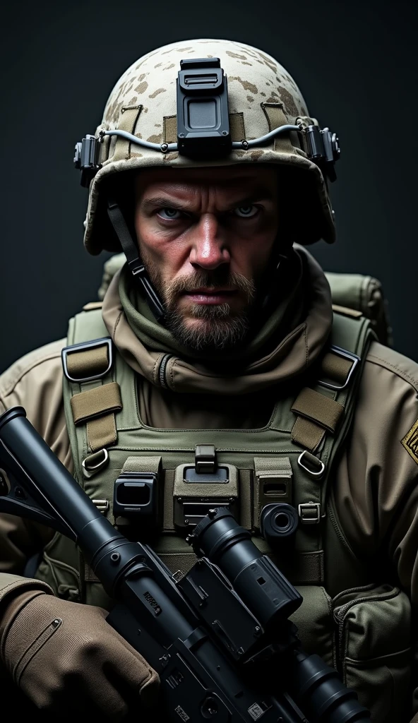 (best quality, ultra-detailed:1.2), strong and muscular male, special forces, fully armed, holding an M14 rifle equipped with a red dot sight, wearing specialized bulletproof armor, black riot helmet, with a transparent military visor, hyper-realistic, insanely cool explosive sky.