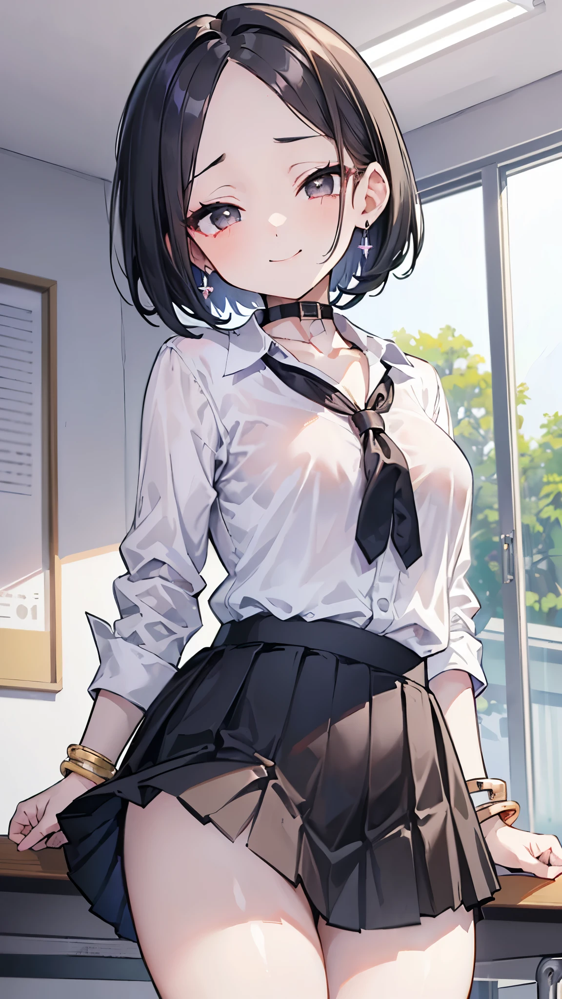 ((masterpiece、 best quality、 Very detailed))、 one girl who is at ease、improve、 black hair、 short hair、asymmetrical bangs、Forehead、 gray eyes、evil smile、Moderate breasts、(( white collared shirt ))、((clavicle))、 Necklaces 、bracelet、(( black pleated skirt))、((micro miniskirt))、((Thick waist))、 cowboy shot、 Classroom Background