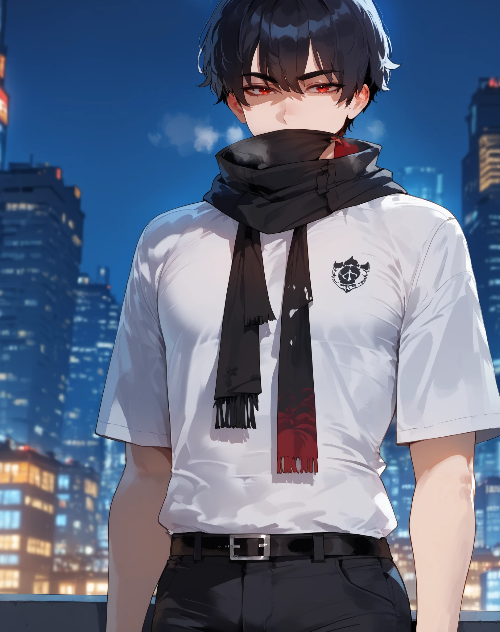 {{Score_9, score_8_up, score_7_up, score_8_up, score_7_up. Artist: Nyong_Nyong. Looking at viewer, solo focus, dutch angle, highres. Young man, male, masculine. Pale complexion. Gloomy dark red eyes. Thin eyebrows. Short messy black hair with eye-length bangs. Ahoge. Black scarf over mouth. White t-shirt. Black belt. Black pants. Night. Standing on a skyscraper's rooftop. City. Dim and dark. Deep blue and crimson energetic aura. Aloof expression. Low-centered angle. Handsome.}}