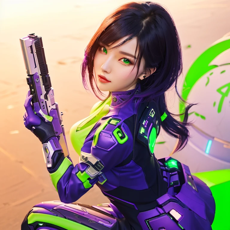 tifa, from behind, side pose, mass effect cyberpunk, spandex purple sheer officer uniform suit, looking at camera, futuristic, glitch effect, big ass, sexy, holding big gun, on spaceship, neon lights in purple clothes, armor, pants (masterpiece), outer space background, (best quality), 8k resolution, ultra-detailed, rear shot, hyper-detailed, realistic, (1girl), cinematic, black hair, D cup, perfect body, galactic font, graffiti style
