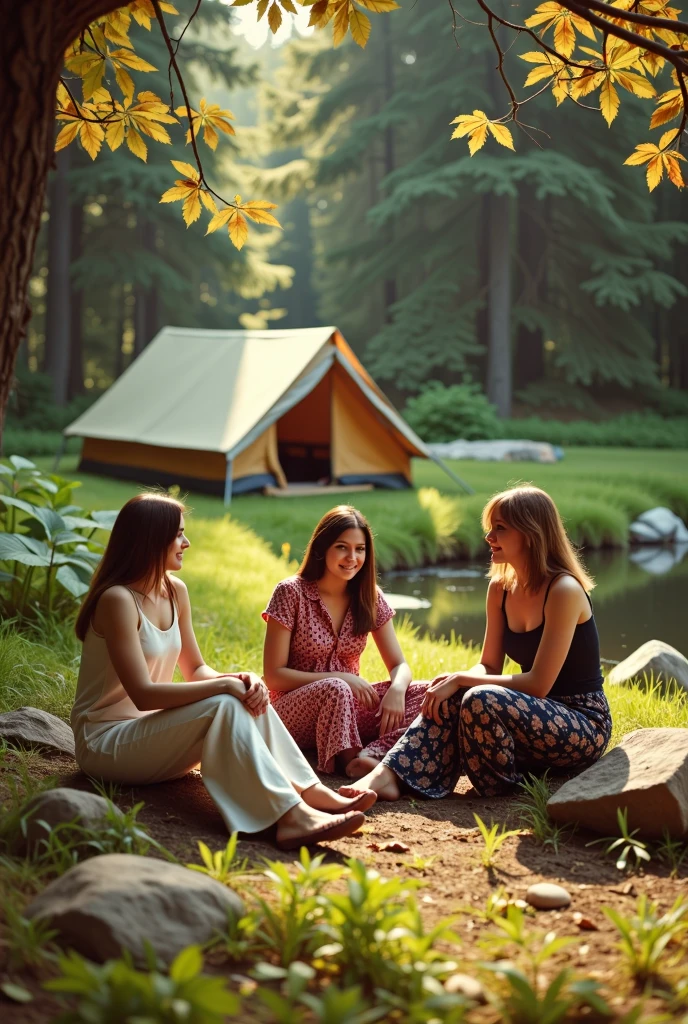 Three young multi-ethnic women at a campsite near a pond, trees and bushes all around, grass and rocks, wearing colorful clothes typical of the 70s, autumn afternoon, vintage quality, analog, reflecting the free spirit of the 70s --ar 1:1 --s 100
