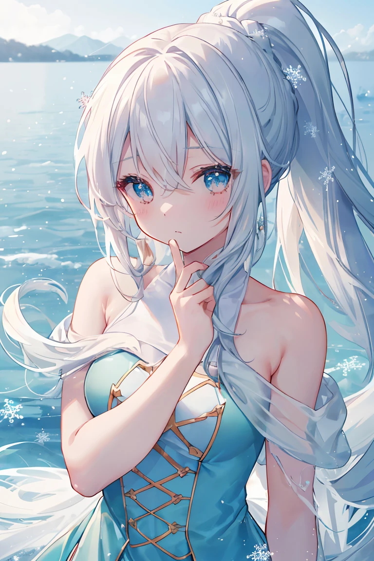 1 Girl, White fluffy bikini, (((Wet))), White Room, Cinema Lighting, Hot room, Beautiful long neck, choker,relax, Raise your knees:1.5, Sleepy milky face, White micro bikini, Beautiful long thighs, Pale skin, beautiful thin face、Daytime , Detailed Hair, (Beautiful big round eyes), (The extremely complex pupil in the eye, Shining Eyes), Long eyelashes, double eyelid, Lips parted, cute, cute, ( Flat Chest), thin, (Very delicate and beautiful skin), Very detailed costume, Perfect Anatomy, Dynamic Angle, break (masterpiece, Highest quality), (Ultra high definition 8K), (Perfect design), Absurd, High resolution, ((blush)), (Ultra-fine illustrations), ((light blue Long Hair))), 10 years old, Long Hair ((blush)), masterpiece, Highest quality, (wonderful, Beautiful details, Blunt bangs),、(最High resolution、clear_image) Highest quality、(((Transparency)))、Light and shadow contrast、Simple Background、((Soaring blue petals))、((Enlighten))、Very detailed、Semi-realistic、((Compensate)),Braided Hairstyles、Expressionless、((White shirt))、((View from above))、Delicate facial features、Facial Features、Just like the whole body、