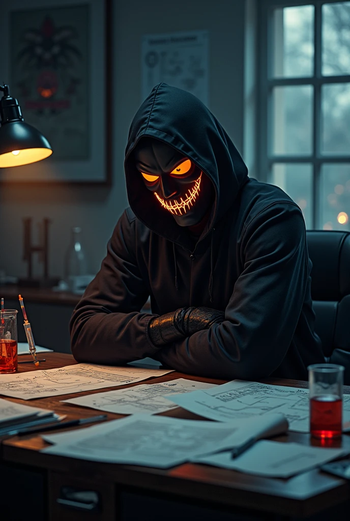 An image of Cesar Davila of terror writing a poem more terrifying as half skull and half human more terror with blood effects so that it seemed that he had a demon with red eyes and with the effect of a shadow that writes with a pen and in front of him a mirror and a flame effect around it