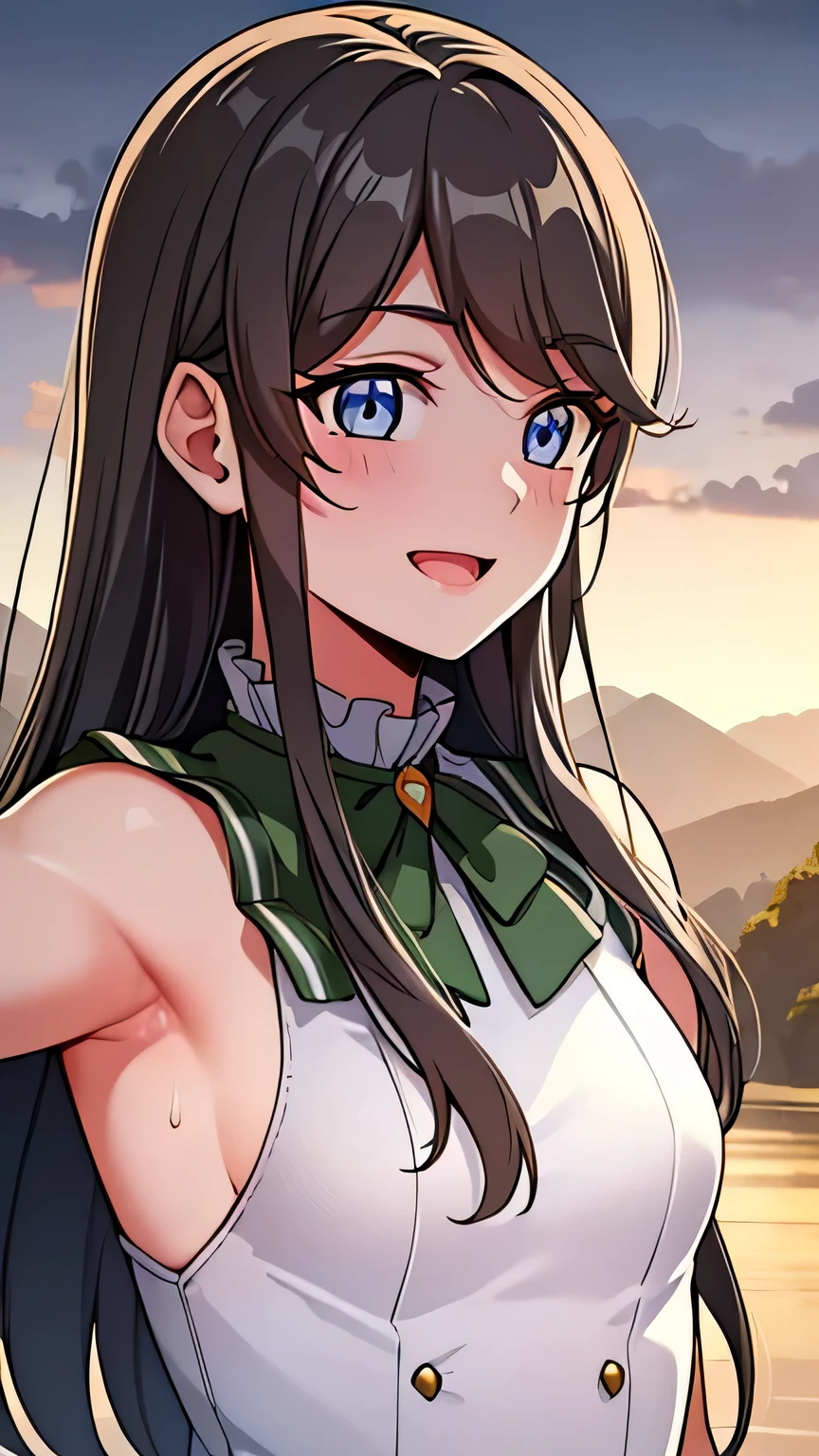 quality, masterpiece, highly detailed, 8k, masterpiece, tilly wimbledon, sleeveless, 1girl, smile, open mouth, blush, detailed face, detailed eyes, medium breast, blue eyes, top of mountain, night, moon, ((armpit)),  sweaty armpit, leotard