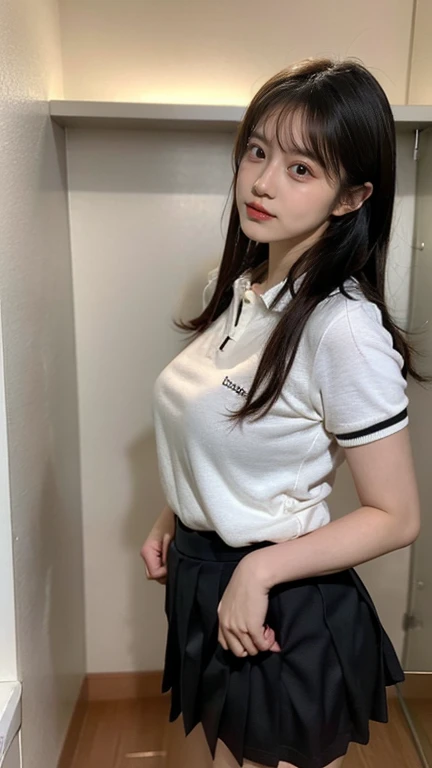 masterpiece,  best quality, Illustration,  super detailed,  details,  high definition , 8k,wallpaper, Perfect dynamic composition, Front View,  upper body,  upper bodyのみ,  an 18 year old girl,  gravure idol,  cute type, (Detailed high quality,  realistic depiction of eyes kissed in the changing room:1.3),  revealing clothes,   straight hair , bangs,  black hair color, dark makeup,  Big Natural Colored Lips, Perfect figure,  plump,Polo shirt,  pleated skirt,  miniskirt,,  hotel room 