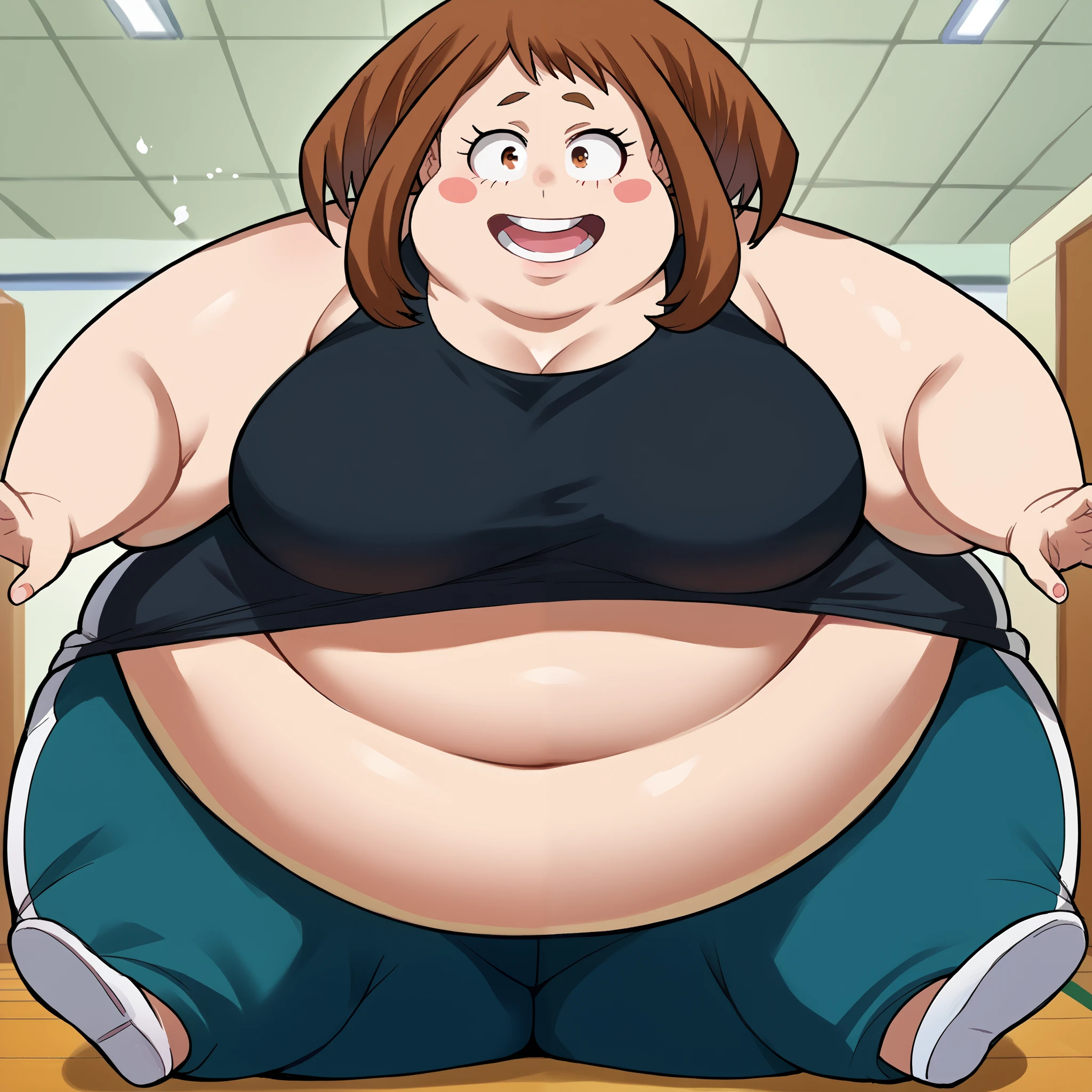 score_9, score_8_up, score_7_up, source_anime,
ochakouraraka, ochako uraraka, brown eyes, brown hair, short hair, blush, blush stickers, smile,
bare shoulders, pants, black shirt, tank top, blue pants, black tank top, track pants,
indoors,
looking at viewer,  fat, chubby, obese, gigantic arms and legs, large breasts open mouth, out of breath, full body shot, growing bigger and fatter, hanging belly, surprised reaction, shocked reaction, 900 pounds 