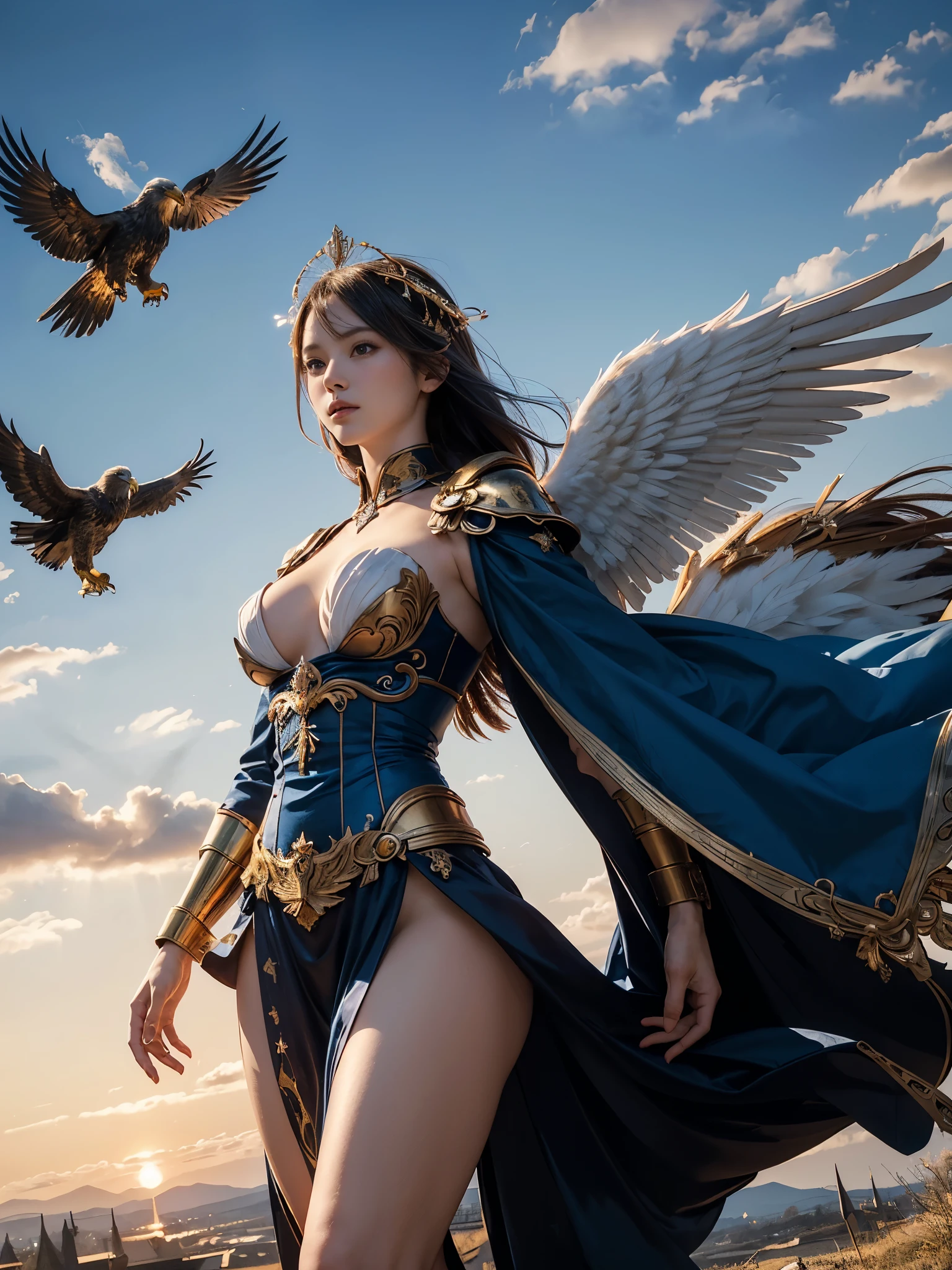 (masterpiece, highest quality, Realistic photos), ((Angel floating in the air;1.4)), A very cute Japanese woman, A complex copper and brass mechanical armor with a Hawk and eagle motif., Beautiful big angel wings, (The wings are symmetrically paired;1.5), ((Carrying an aura of bright blue flame)), White tone, A little bit of blue and red and yellow accents, Angel falling from the sky, floating in the sky, Extremely intricate details, Posing on the medieval castle walls at sunset, Long Shot, narrow body, hourglass body, medium breasts, thin waist, flat belly, Thin and beautiful thighs, beautiful legs,
