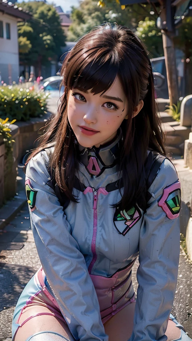 Tracer da overwatch,(best qualityer,4K,8k,high resolution,work of art:1.2)(weather: cloudy), Mondstadt forest background, forest road, freckles, mechanical armor, tight blue and pink bodysuit, pink whiskers, white gloves, white boots, headset, long straight hair, brown hair, ultra detailed, realistic,portraite,beautiful detailed hazel eyes, glowing eyes,blush,beautiful detailed lips,extremely detailed eye and face, long eyelashes,sexly,average, large breasts,beaming smile, flirty smile,powerful girl, cute pose, stunning curves,bright coloured,dramatic lighting,
