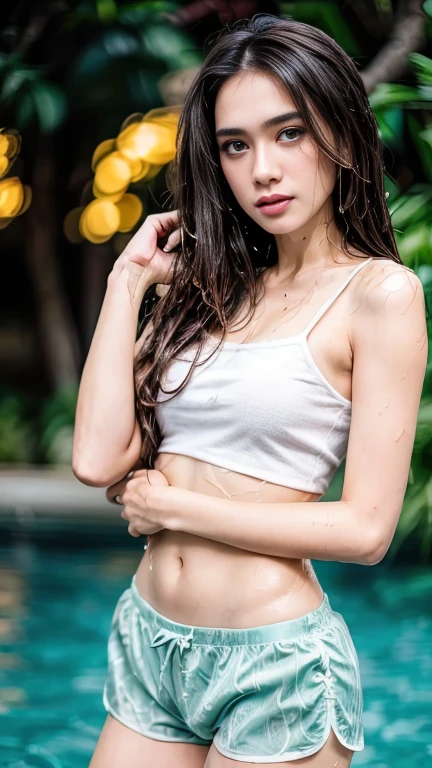 Beautiful Girl, whole body :1.1, no make up, bare face, ((small breasts, firm proportion :1.1)), ((detailed bery wet tshirts, tight boxer shorts :1.1)), slender abs, detailed eyes, Look at the viewer, 1girl, realistic, ((masterpiece, 8k, hyper detailed :1.3)), sweet face, , very detailed hair :1.1, natural skin tone, sexy expression, perfect hands, perfect finger, bokeh :1.1, warm Lighting, naughty pose, (fish eye, 135mm :1.2), from front, minimalist background, 