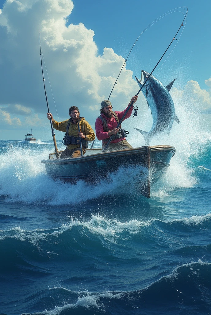 Several fishermen fishing for bonito、A lot of bonitos are caught and jumping around on the deck.、Only one person can catch a kettle