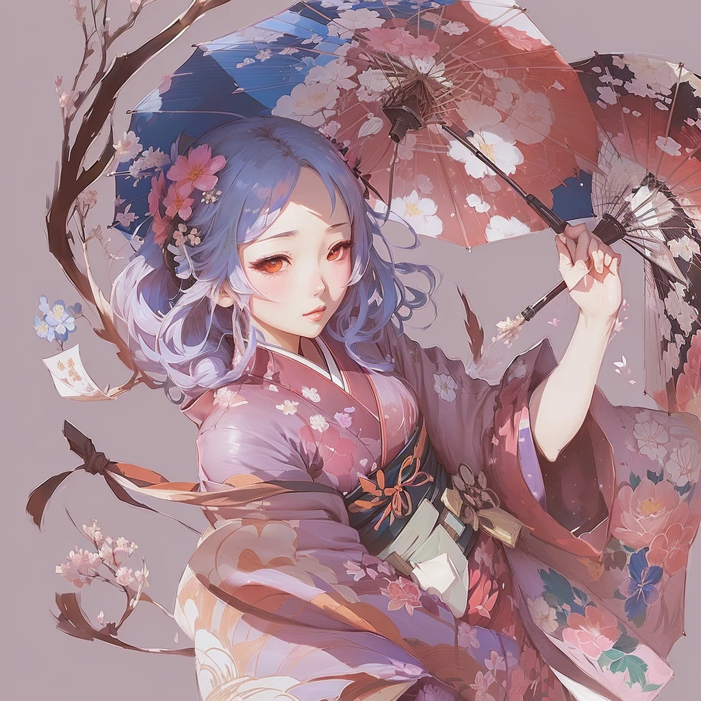 Anime Girls in a kimono outfit holding an umbrella in her hand, from East, in Kimono, East character, Zerochan Art, in a kimono, Pixiv style, Pixiv contest winner, From Kenshin, (Anime Girls), Beautiful anime artwork, East, East project, Pixiv, sayori, digital art on Pixiv, 着物A 17-year-old Japanese girl with vibrant hair colors, long hair, daring hair styling, slender figure, plump cheeks. She embodies the punk rock aesthetic, dressed like a punk rocker with bold attire, large sunglasses, a defiant expression. She stands at 170 centimeters tall, weighs 30 kilograms, wears long boots, with her thighs visible under a red pleated skirt. Adorned with numerous silver accessories. Depict with distinct outlines, using colors other than black for the outlines, using colorful hues for the outlines. She's into girls' rock, punk, Electric guitar, vibrant colors, stages, and backed by a band. An underground clubhouse with colorful lighting amidst the darkness. Colorful candies resembling mountains of treats are plentiful, strewn all around. A tall, well-built man with blonde hair is present, adorned with tattoos, a nose piercing, and a split tongue.
