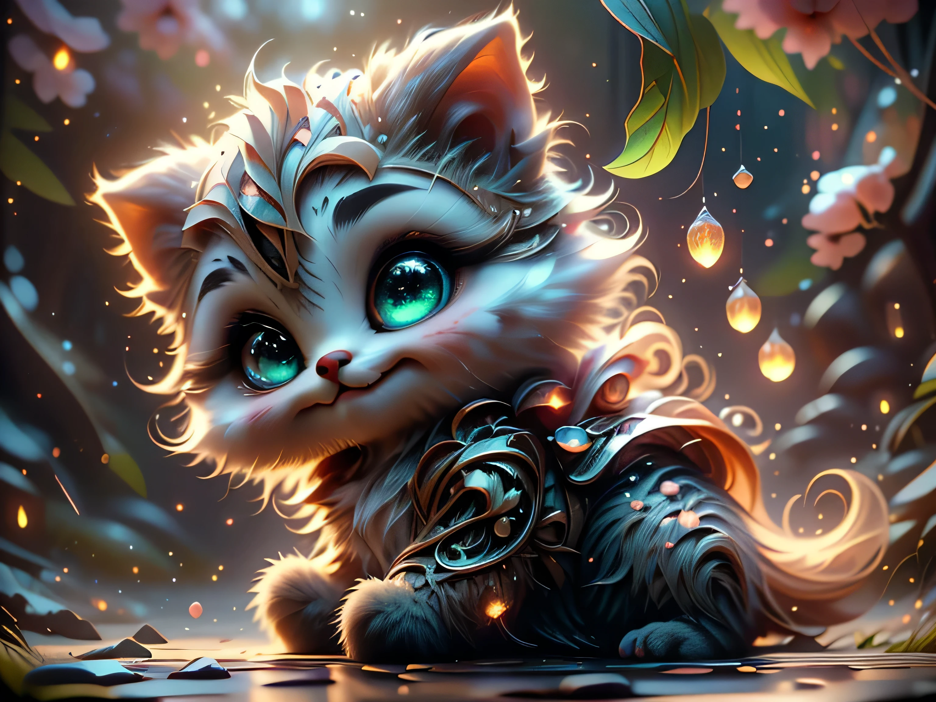 Magical Fantasy Creature, (Best Quality, Masterpiece, Representative Work, Official Art, Professional, Super Detailed, 8k:1.3), (Photorealism:1.2) Super Cute, Big Eyes, Soft, Soft Nose, Fluffy, Two-Toothed Smile, A baby white unearthly creature has big green eyes with gold sparkle, northern lights light up the night sky, magical moment, hyper-realistic digital artwork, highly detailed, Realistic, Beautiful, Soft Volumetric Light, (Backlight:1.3), (Cinematic:1.2), Intricate Details, (ArtStation:1.3), --auto --s2