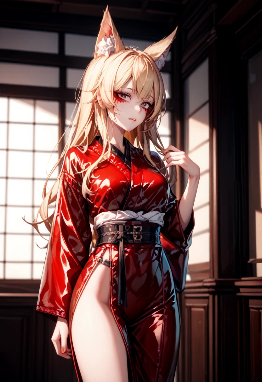    Long hair  ,  Compose , mascara , rpg, mucus,    smooth leather   ,     erotic pose, cut out,        , 4K,  , topic,   Blonde hair ,    candidate outfit   ,    tied girl, tied mouth   , fox ears,    red revealing kimono, lingerie,  Geisha, girl seduces guy, Girl and boy  , in the room