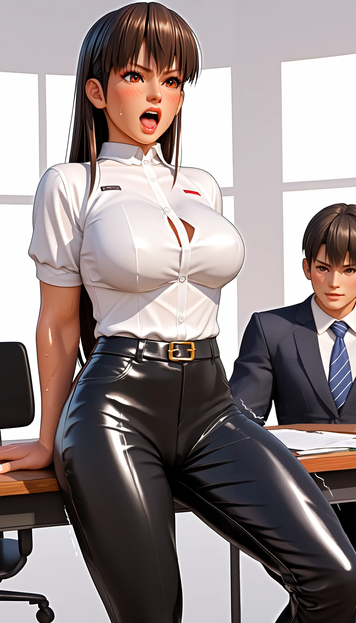 LeiFangDOA, gasp, 1 girl and 2 male, standing, {{{open legs}}}, {{backing away}}, grabbing girl’s leg from behind, sitting on desk, {{{{{a man head between girl’s legs}}}}}, glossy black pants, a glossy white business shirt, arms behind back, {{arching the body backward}}, {{{swayback stance}}}, office lady, be breathless, sweat, sparkling sweat, trembling, long brown straight hair, breasts, [[angry]], blush, {anguish}, {{shameful}}