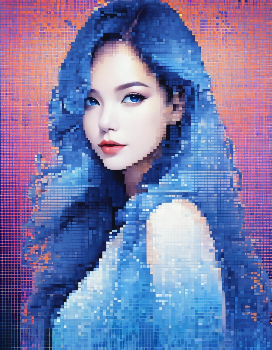 A blue gradient color pixel wall of a beautiful woman&#39;The head， 3D Voxel Blocks ， A structure that begins intact ,  but gradually disintegrates into air ， Sunlight enters through ，universe background