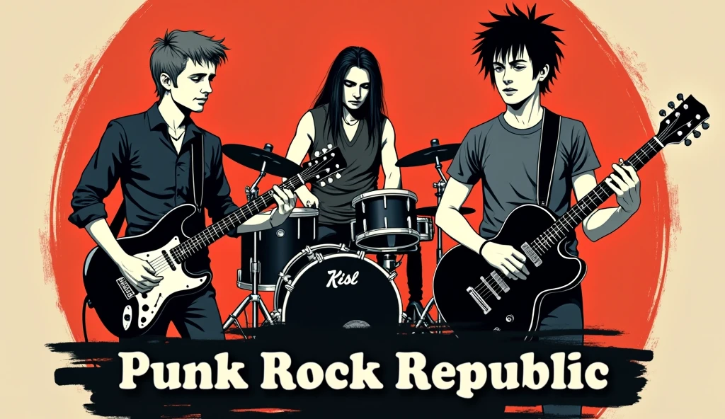 Logo with a short-haired Caucasian bassist singing on the left side , a very short haired Caucasian guitarist with his guitar in black on the right side and a dark-colored and slightly chubby drummer with long hair on his drums behind the other two, with the words Punk Rock Republic written underneath them