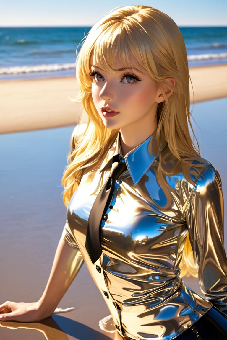 (solo:1.3), poolside, lounging, adult, In shape, Heart-Shaped Face, Porcelain Skin, Narrow Nose, Full Lips, Pointed Chin, Bronze matte lipstick, rings, blonde Fine Hair Medium-Length Hair Ponytail, sideboob, <lora:Outfit_LeatherZipBodycon:0.7>, sexy, dr3ss, dress, full collar, (center opening:1.2), unzipped, large breasts, breasts apart, (sleeveless)