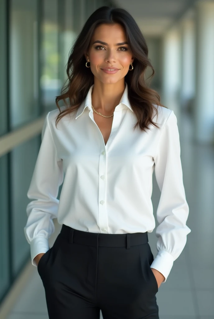 smiling woman with earrings and a necklace on, this person does not exist, with no facial features, mature facial features, 40 years old, wearing a red loose fitting collared dress shirt and ivory colored slacks, standing inside of her living room, jessica hechizabeth perkinary louise parker-jami gertz-kelly preston-ramona singer-sally hawkinelissa gilbert-alyssa milano-alex mccord-troian bellisario-holly hunter merged, entire body visible, full body, hyperrealistic, best quality, 8K, masterpiece, extremely intricate, detailed eyes, detailed face, detailed body, exaggerated features, pronounced features, fujifilm