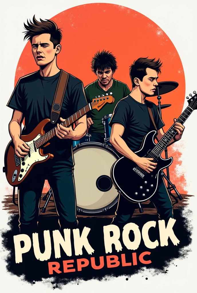 Logo with a short-haired Caucasian bassist singing on the left side , a very short haired Caucasian guitarist with his guitar in black on the right side and a dark-colored and slightly chubby drummer with long hair on his drums behind the other two, with the words Punk Rock Republic written underneath them