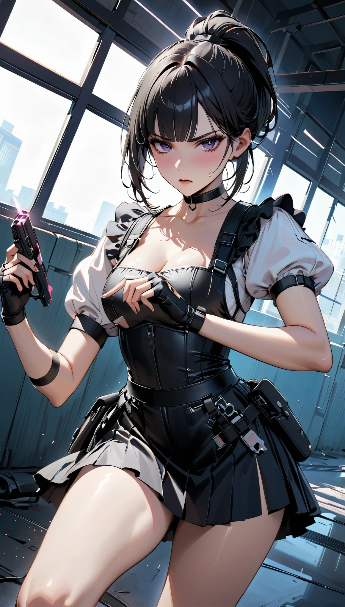 cowboy shot,1girl solo,action , ｛{{Black flared skirt with white apron:1.6}}}, shooting stance,Woman holding a small gun,small　taser gun,slim Female fighter ,maid outfit, collarbone, beautiful thighs．{{white puff sleeves:1.4}}, {{White short-sleeved puff-sleeved blouse:1.6}},black shoulder straps, black corset,Slim body,Slim　thighs ,blunt bangs, black choker. Dynamic composition,dutch angle,{{fight}},{{masterpiece}}, {{{Highest quality}}},{{Very detailed}},holster　,Fight,,{{v-shaped eyebrows}},Bad mood,blush,Sweat,raise one's eyebrows　,Black hair Long hair,Blunt bangs　,cyberpunk,hand　,Black fingerless gloves,　,White frilled apron,ponytail,Training area,Indoor