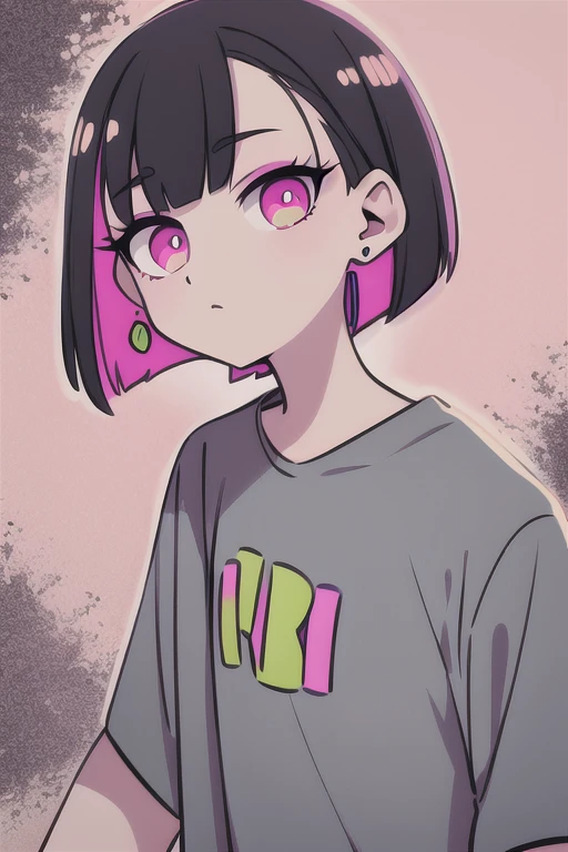 pink eyes, nirachan, earrings, bob cut, grey shirt,
standing, upper body, 
 (high quality:1.1), (high resolution:1.1), 4k, 1girl, 