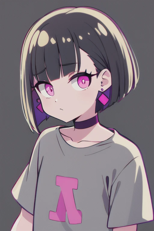 pink eyes, nirachan, earrings, bob cut, grey shirt,
standing, upper body, 
 (high quality:1.1), (high resolution:1.1), 4k, 1girl, 