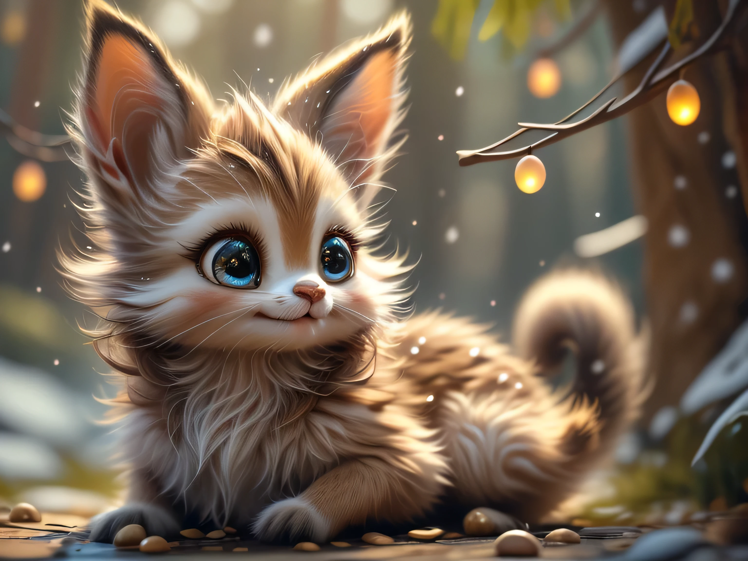 Magical Fantasy Creature, (Best Quality, Masterpiece, Representative Work, Official Art, Professional, Super Detailed, 8k:1.3), (Photorealism:1.2) Super Cute, Big Eyes, Soft, Soft Nose, Fluffy, Double-Toothed Smile, Adorable Fawn on Natural Christmas Background, Realistic, Beautiful, Stars in Eyes, Soft Volumetric Light, (Backlight:1.3), (Cinematic:1.2), Intricate Details, (ArtStation:1.3), --auto --s2