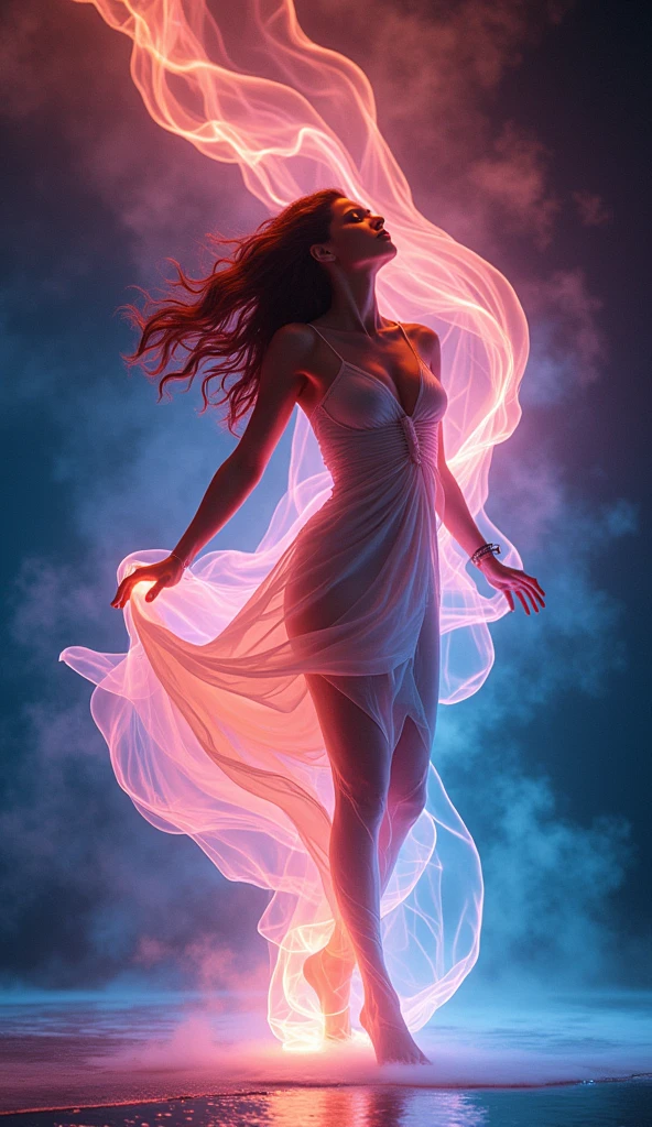 A mesmerizing 3D render by the skillful artist Mschiffe, showcasing a ghostly, smoke-like female figure dancing. The enigmatic woman appears in front full view, exuding a mystical aura as she weaves through a colorful explosion of hues. Her ethereal form is embellished with motion effects, invoking a sense of fluidity and movement. The background is a breathtaking fusion of vibrant muted green colors that harmoniously blend with the eerie, yet captivating atmosphere of the scene.