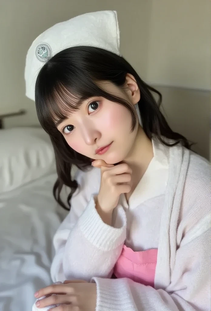 (１ girl)、( beautiful Japanese、 18 years old ,Round face、Refresh、Clear、 kind、 perfect eye details 、Pathetic、cute like an angel、cute、 dark eyes、,actress, almond-shaped eyes ), Good style , ( beautiful big breasts:1.0),( soft breasts),(very cute),( black hair),( short bob hair),(Captivating eyes),( eye highlights:1.2)、(8k、Live Shooting、  best quality 、masterpiece:1.2、Optimal lighting)、((masterpiece)),( professional photographer with 20 penises and lots of them),(Genuine、photo Genuine:1.4),break,{ (White nurse outfit),(((Traditional Nurse Uniform))),(Pink nurse mini skirt),((  pantyhose )),( clevis:0.7)},(shy),( has red cheeks:1.2), break, break,hospital,Face shot、hospital corridor、shy、 face close-up 、Sit-in