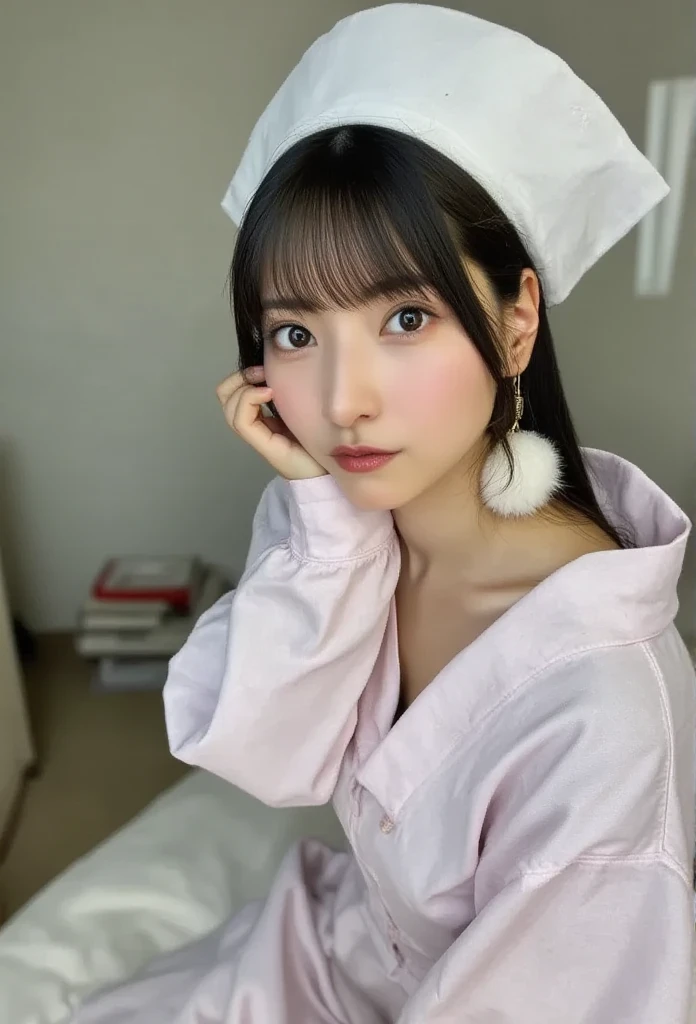 (１ girl)、( beautiful Japanese、 18 years old ,Round face、Refresh、Clear、 kind、 perfect eye details 、Pathetic、cute like an angel、cute、 dark eyes、,actress, almond-shaped eyes ), Good style , ( beautiful big breasts:1.0),( soft breasts),(very cute),( black hair),( short bob hair),(Captivating eyes),( eye highlights:1.2)、(8k、Live Shooting、  best quality 、masterpiece:1.2、Optimal lighting)、((masterpiece)),( professional photographer with 20 penises and lots of them),(Genuine、photo Genuine:1.4),break,{ (White nurse outfit),(((Traditional Nurse Uniform))),(Pink nurse mini skirt),((  pantyhose )),( clevis:0.7)},(shy),( has red cheeks:1.2), break, break,hospital,Face shot、hospital corridor、shy、 face close-up 、Sit-in