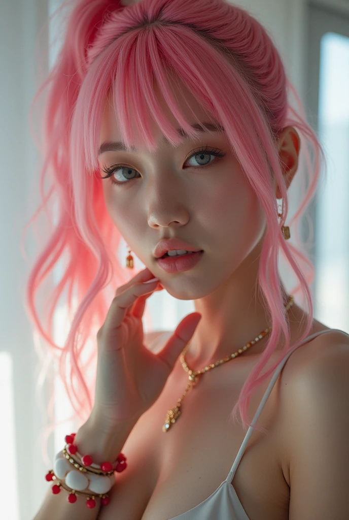 (nsfw:1.5), (Raw photo, Best quality), (Realistic Beautiful Girl, photorealisitc:1.3), ((masterpiece, best quality, extremely detailed), volumetric lighting, ambient occlusion, colorful, glowing), 
1girl, solo, young girl, (pink hair), long hair, halo, aura, sacred, godness, cyber suit, (white outfit:1.3), android, bot, angel wings,
outdoors, sunset, sky, clouds, space, (cyberpunk theme:1.2),