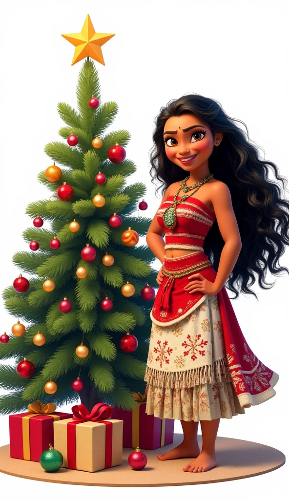 Moana with a gift next to the Christmas tree, Christmas art ,  illustration,  totally white background, score_9, score_8_above, score_7_above, (masterpiece:1.4),( Best Quality :1.4),( High resolution:1.4), happy dinner, Disney-Pixar 