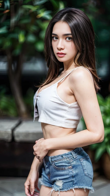 Beautiful Girl, whole body :1.1, no make up, bare face, ((small breasts, firm proportion :1.1)), ((detailed blazer amd crop top, low waist plain shorts :1.1)), slender abs, detailed eyes, Look at the viewer, 1girl, realistic, ((masterpiece, 8k, hyper detailed :1.3)), sweet face, , very detailed hair :1.1, natural skin tone, sexy expression, perfect hands, perfect finger, bokeh :1.1, warm Lighting, naughty pose, (fish eye, 135mm :1.2), from front, minimalist background, 