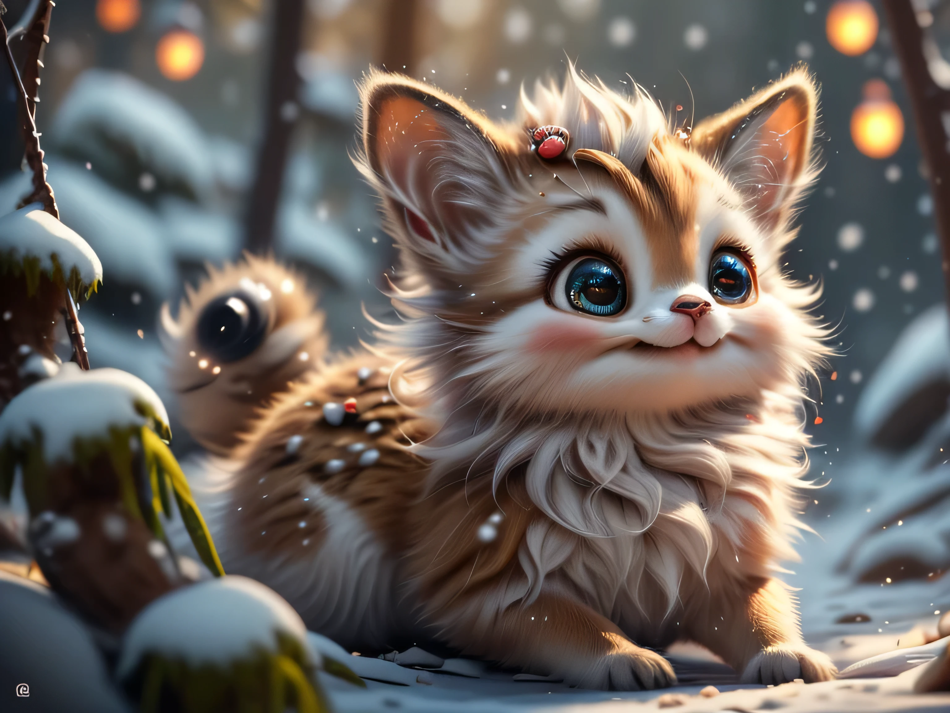 Magical Fantasy Creature, (Best Quality, Masterpiece, Representative Work, Official Art, Professional, Super Detailed, 8k:1.3), (Photorealism:1.2) Super Cute, Big Eyes, Soft, Soft Nose, Fluffy, Double-Toothed Smile, Adorable Fawn on Natural Christmas Background, Realistic, Beautiful, Stars in Eyes, Soft Volumetric Light, (Backlight:1.3), (Cinematic:1.2), Intricate Details, (ArtStation:1.3), --auto --s2