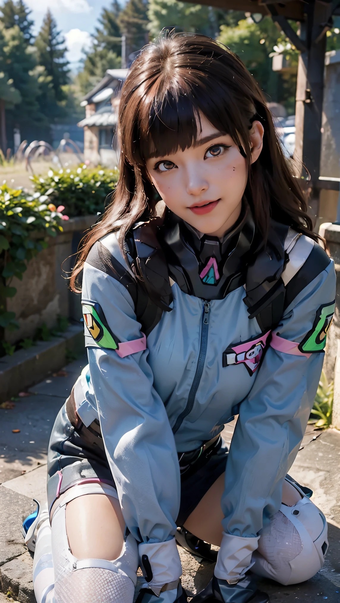 Tracer da overwatch,(best qualityer,4K,8k,high resolution,work of art:1.2)(weather: cloudy), Mondstadt forest background, forest road, freckles, mechanical armor, tight blue and pink bodysuit, pink whiskers, white gloves, white boots, headset, long straight hair, brown hair, ultra detailed, realistic,portraite,beautiful detailed hazel eyes, glowing eyes,blush,beautiful detailed lips,extremely detailed eye and face, long eyelashes,sexly,average, large breasts,beaming smile, flirty smile,powerful girl, cute pose, stunning curves,bright coloured,dramatic lighting,