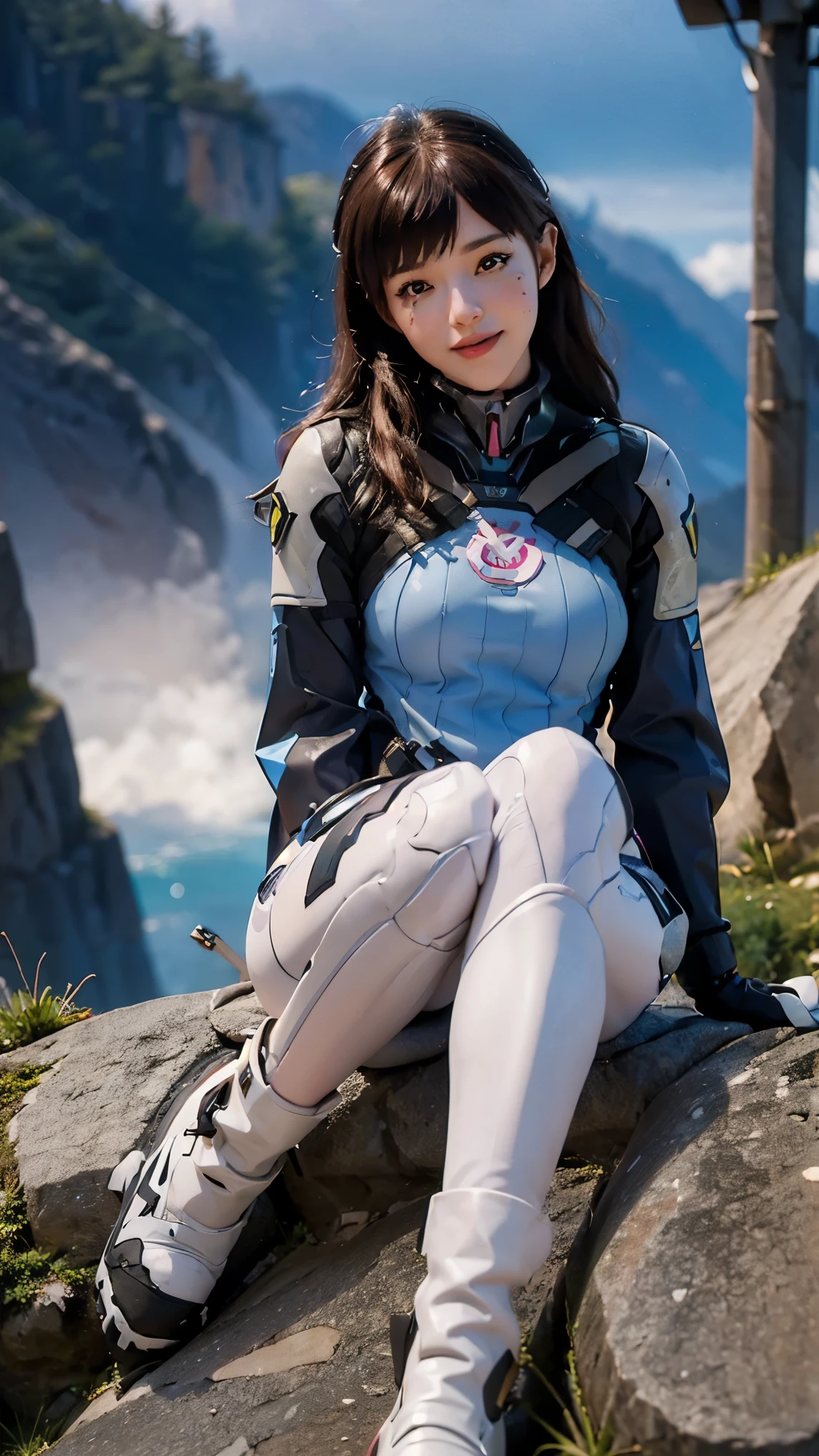 Tracer da overwatch,(best qualityer,4K,8k,high resolution,work of art:1.2)(weather: cloudy), Mondstadt forest background, forest road, freckles, mechanical armor, tight blue and pink bodysuit, pink whiskers, white gloves, white boots, headset, long straight hair, brown hair, ultra detailed, realistic,portraite,beautiful detailed hazel eyes, glowing eyes,blush,beautiful detailed lips,extremely detailed eye and face, long eyelashes,sexly,average, large breasts,beaming smile, flirty smile,powerful girl, cute pose, stunning curves,bright coloured,dramatic lighting,