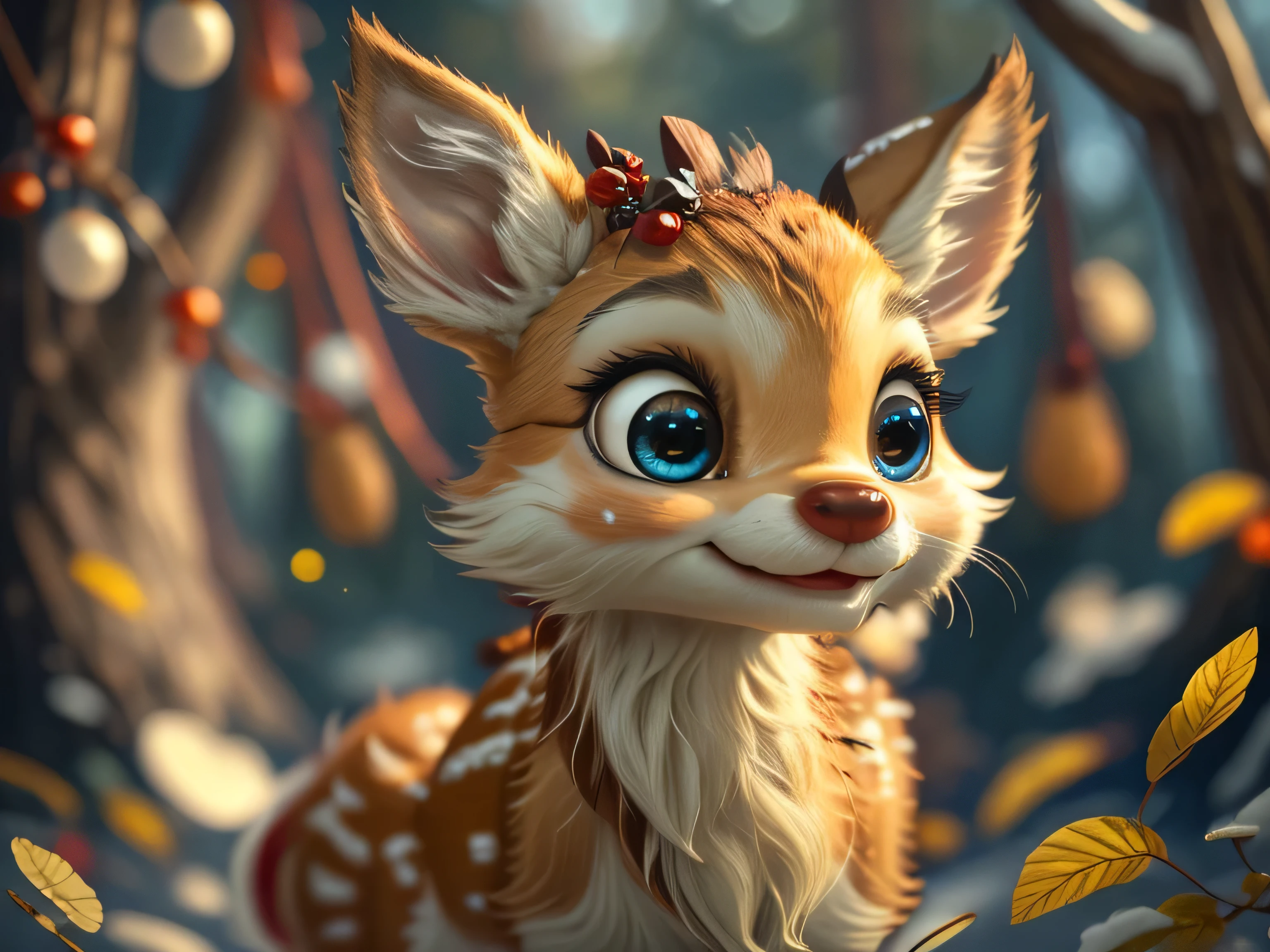 Magical Fantasy Creature, (Best Quality, Masterpiece, Representative Work, Official Art, Professional, Super Detailed, 8k:1.3), (Photorealism:1.2) Super Cute, Big Eyes, Soft, Soft Nose, Fluffy, Double-Toothed Smile, Adorable Fawn on Natural Christmas Background, Realistic, Beautiful, Stars in Eyes, Soft Volumetric Light, (Backlight:1.3), (Cinematic:1.2), Intricate Details, (ArtStation:1.3), --auto --s2