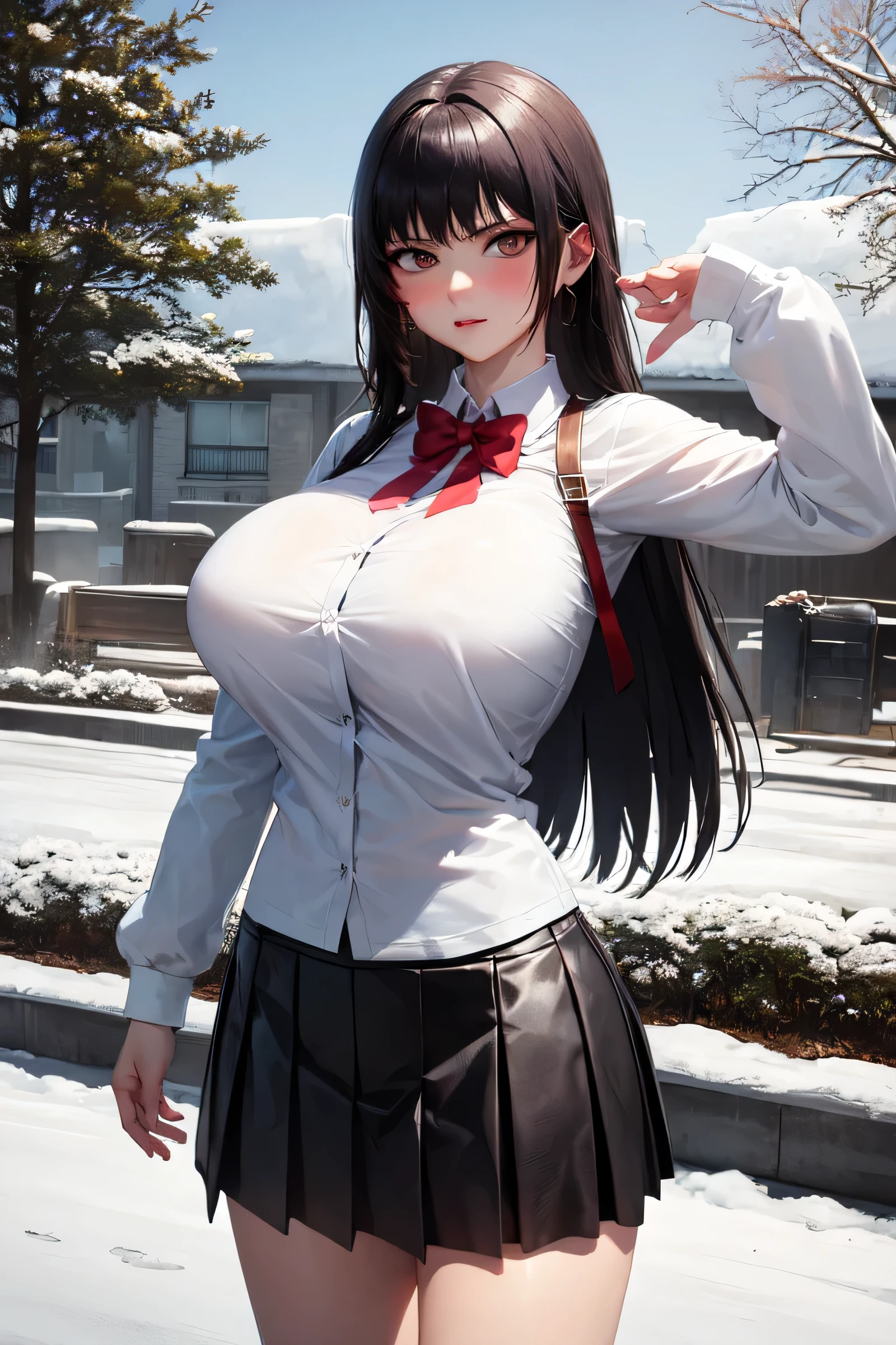 (masterpiece, best quality:1.2), highres, skin_detail, face_detail, lustrous_skin:1.4, skindentation, defTifa, yo, School shirt, school skirt ultra_massive_natural_breasts:1.4, (innocent_big_eyes:1.0), light_blush, winter, snow, outdoor, garden, cute, {sexy_pose | seductive_pose | erotic_pose} cowboy_shot,