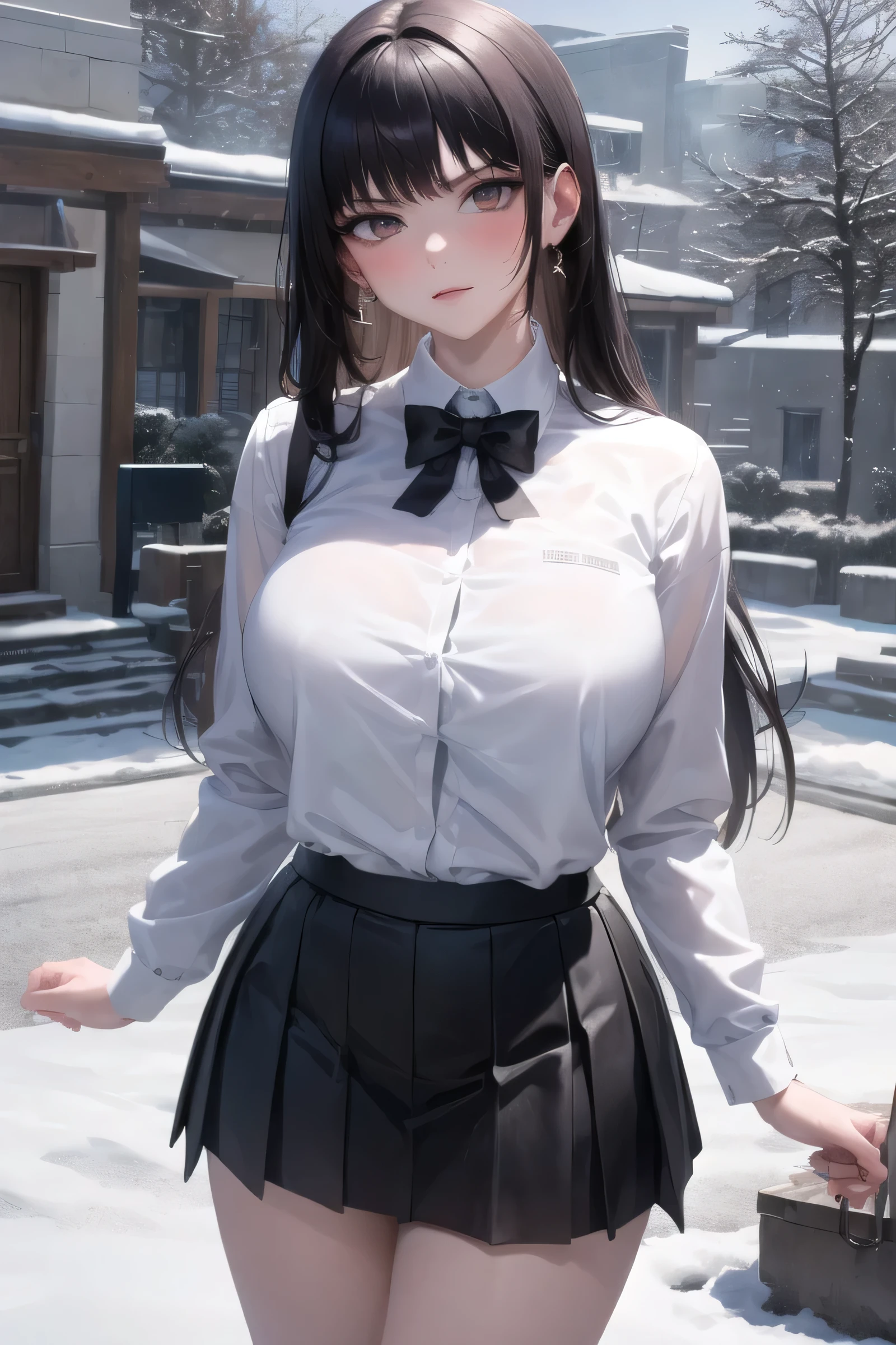 (masterpiece, best quality:1.2), highres, skin_detail, face_detail, lustrous_skin:1.4, skindentation, defTifa, ****, School shirt, school skirt ultra_massive_natural_breasts:1.4, (innocent_big_eyes:1.0), light_blush, winter, snow, outdoor, garden, cute, {sexy_pose | seductive_pose | erotic_pose} cowboy_shot,