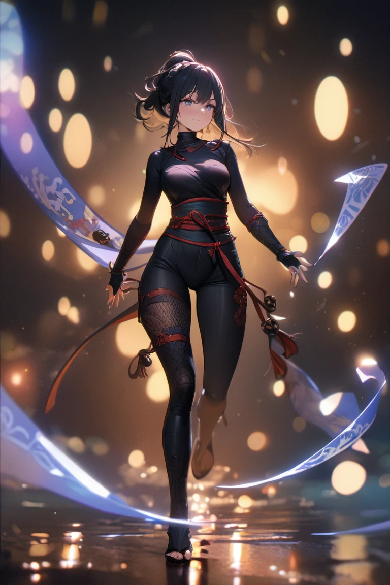, Close Shot, focus on girl,Random Pose,Female ninja on the way to her enemy,sexy full body, ponnytail hair, Skull Drawing Mask,Sexy ninja costume, Holding a metal combat knife in his hands,tattoo,Japanese pagoda BREAK,pond, Cherry blossom tree, Kunai and Shuriken were lying around,Artwork,3d,4k,Detailed,Realistic,highly detailed 4k digital art,Octane Render, bioluminic, BREAK 8K resolution concept art, Realism,by Mappa studios,Masterpiece,Best Quality,official arts,illustartion,clear line,(Cool_Color),Perfect composition,absurdress, Fantasy,Focused,the rule of thirds