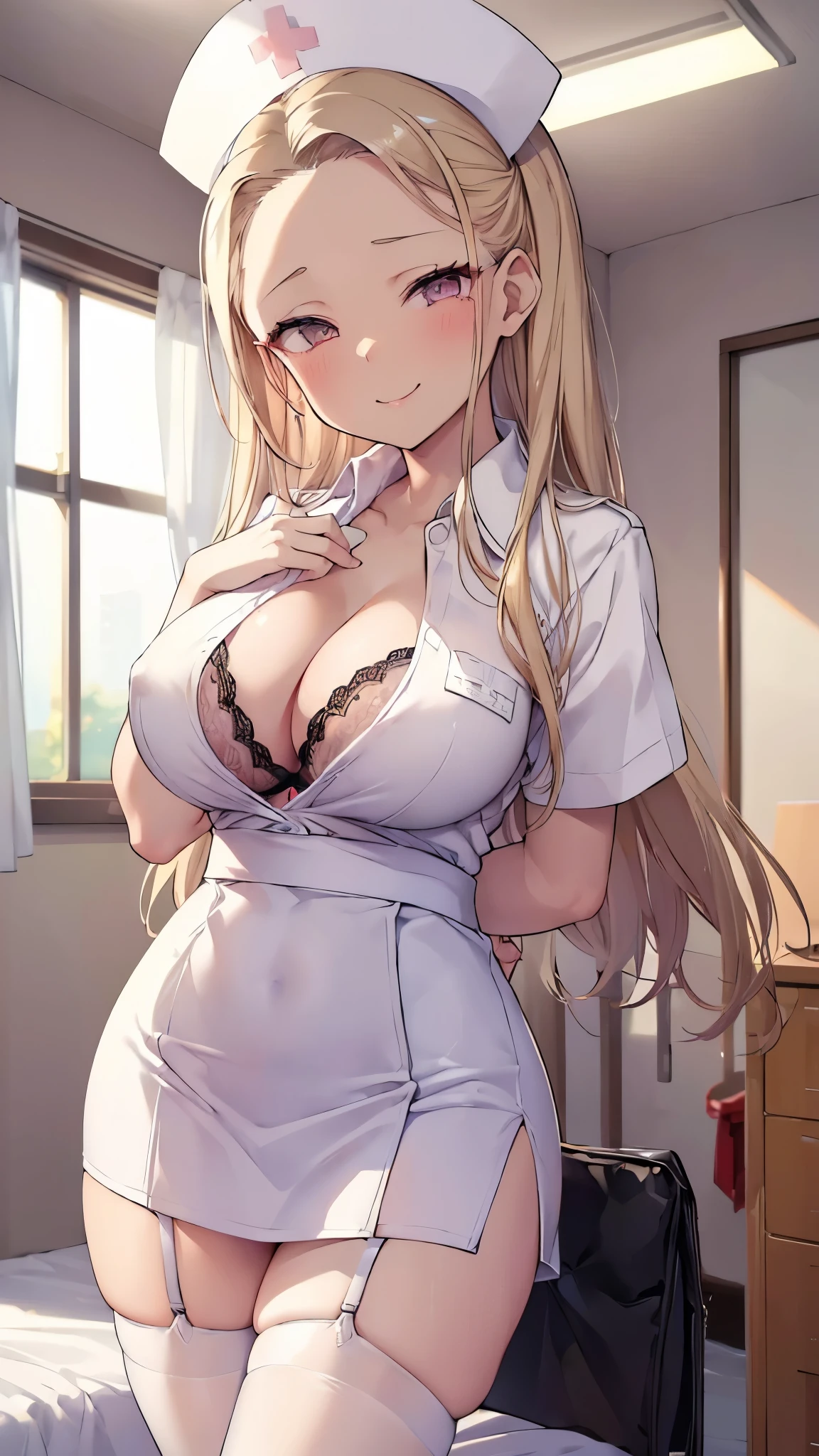 ((masterpiece、 best quality、 Very detailed))、 one girl who is at ease、(( brown skin:1.3))、Blonde、 long hair、hair slicked back、Forehead、 golden eyes、evil smile、 Big Breasts 、nurse cap、((nurse uniform))、((cleavage))、((black bra))、((white micro mini pencilskirt))、Sexy Nurse、 garter belt 、garter stockings、 cowboy shot、Hospital room background