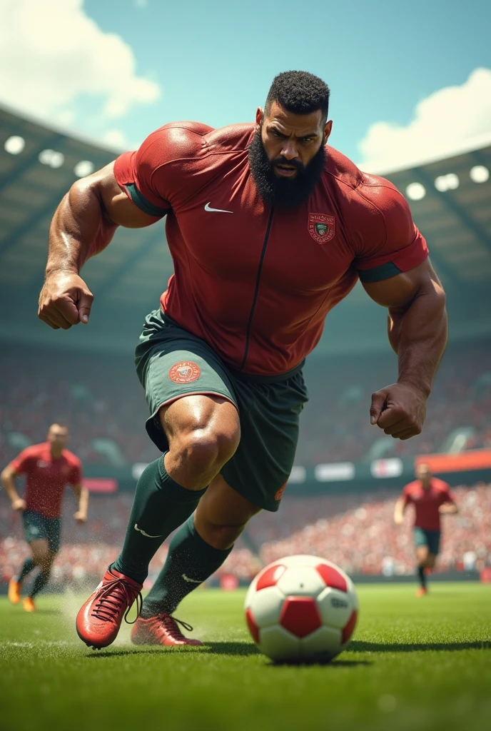A sexy strong mature male soccer player, beard, shirtless, running on a soccer field, short slipping down as he run, dick view, dick sneaky peak