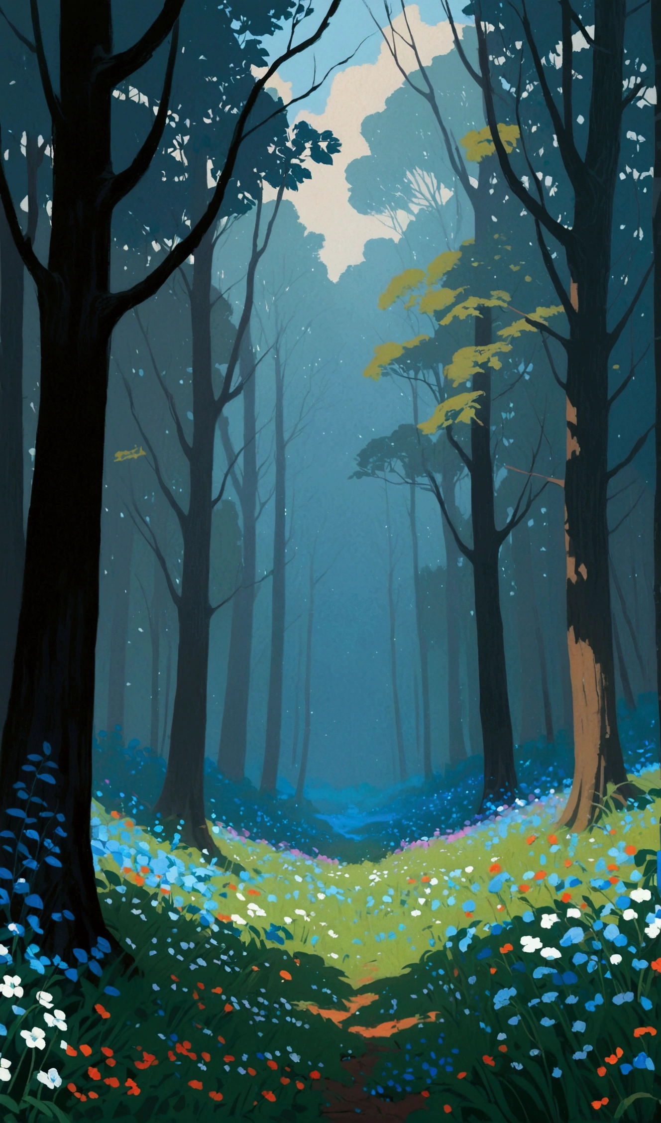 2D ART, hyper detailed gouache painting of a clearing in a dark forest, anime landscape, calm ambience, tall lean trees, blue leaves and wild flowers, High-quality illustrations, Trending on artstration, wide angle shot, flat painting, Illustration Art, Ilya Kuvshinov style, The Art of Mathematics ilya kuvshinov, highly detailed, uhd image, intricate details detailed scene background, detailed, 8k, trending, amazing art, score_9, score_8, score_7, a digital painting inspired by Will Barnet, by Magalli Villaneneu, tumblr, Digital Art, incase style, Digital Art