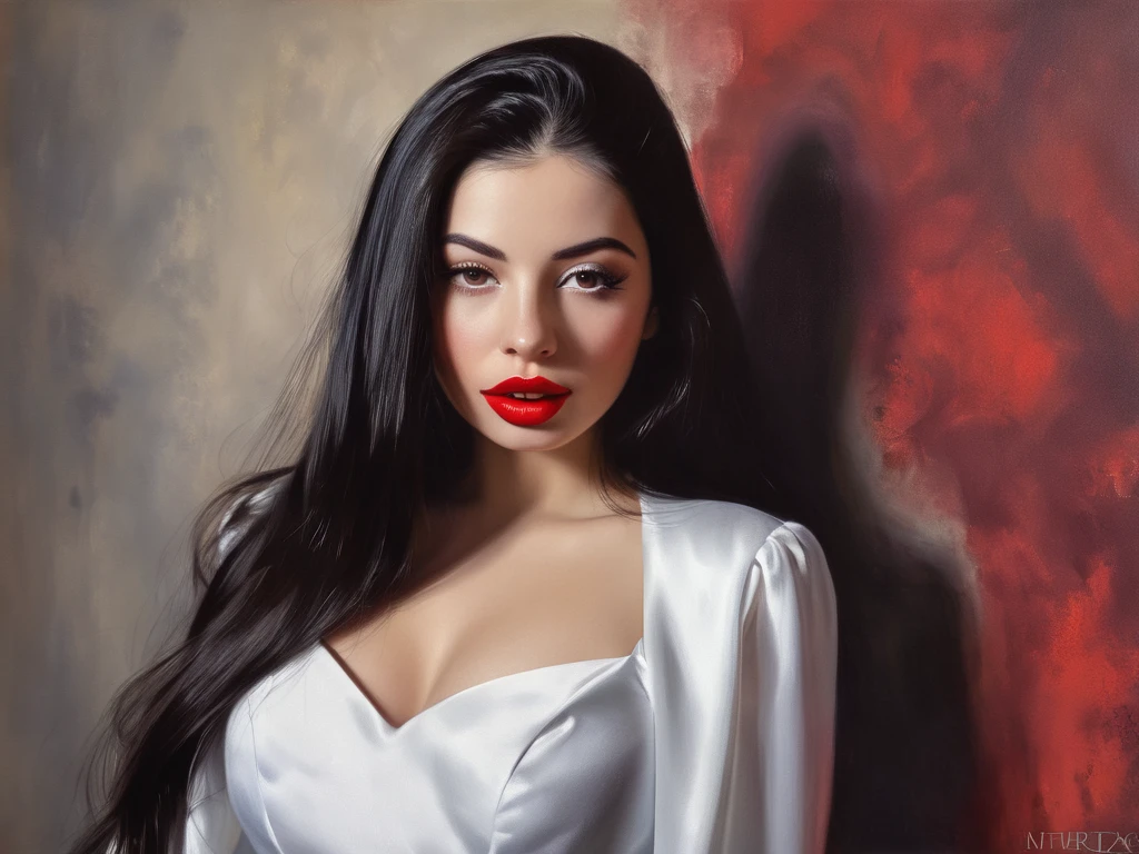 arafed woman with long black hair and red lipstick posing for a picture, photorealistic painting by Emma Andzhievskaya, tumblr,  photorealism  , photo of a beautiful woman,  portrait of Sophie Mudd,  gorgeous Latin face , red lips, sexy red lips,  attractive woman , thick red lips, sultry, portrait of a beautiful model, beautiful model,