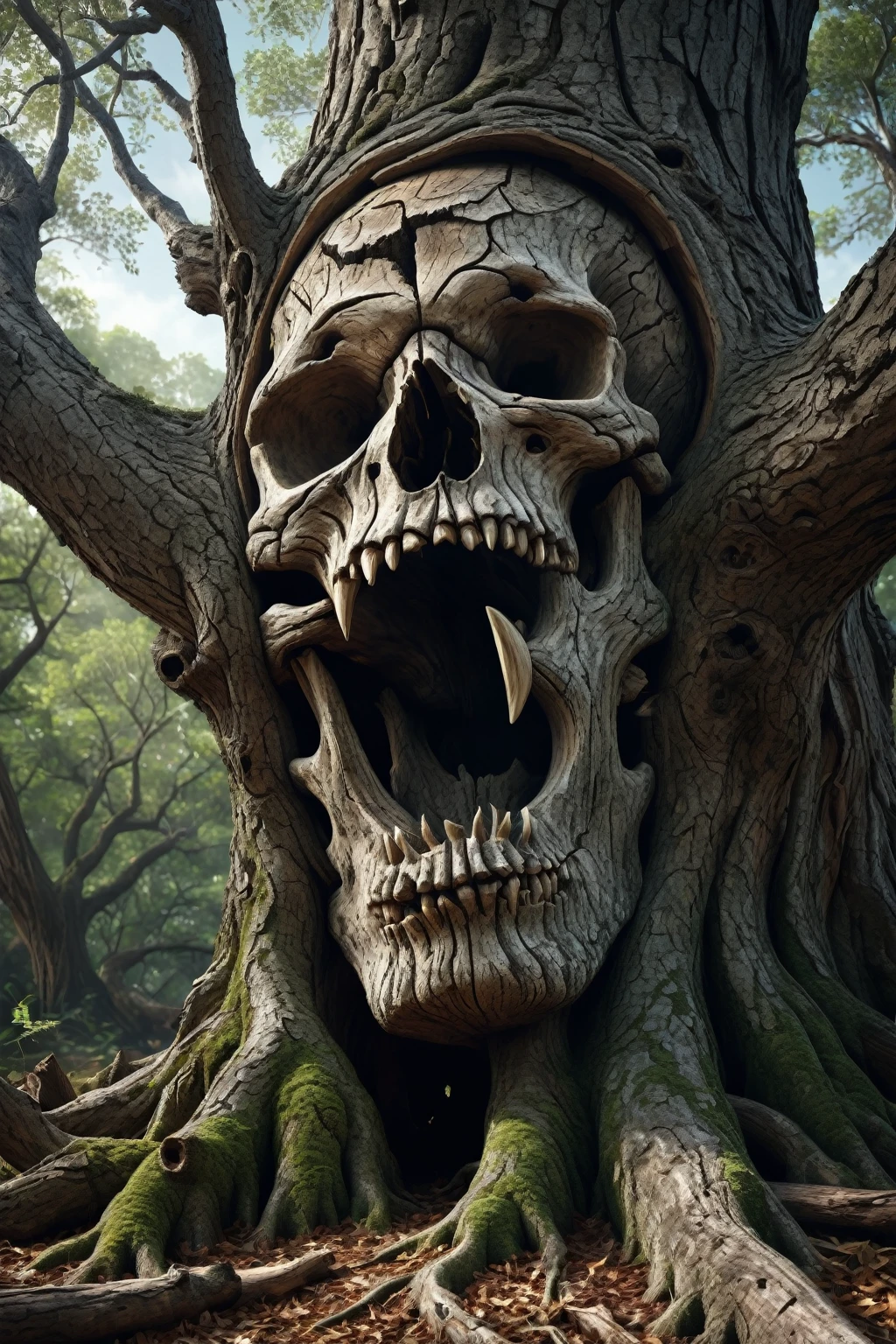 Take an ancient tree that has many cut or broken lower branches then carve a huge skull or monsterous face with the proteuding branch stumps and the knot holes. Then grow bark back over it so it looks natural. photorealistic, cinematic portrait, cinematic photography, cinematic photography. Portrait photography, ultradetailed, UHDR hyper realistic.